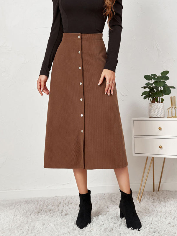Corduroy Button Front A-Line Midi Skirt