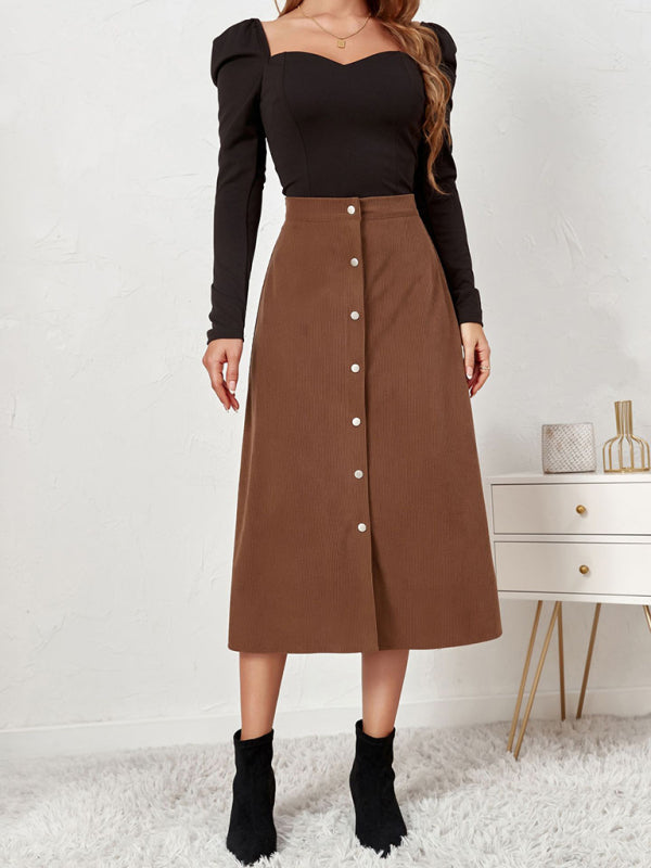 Corduroy Button Front A-Line Midi Skirt