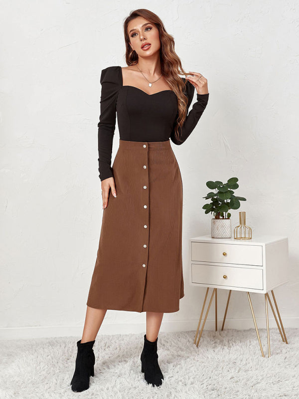 Corduroy Button Front A-Line Midi Skirt