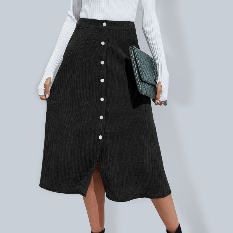 Corduroy Button Front A-Line Midi Skirt