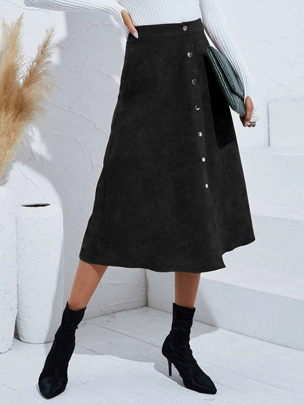 Corduroy Button Front A-Line Midi Skirt