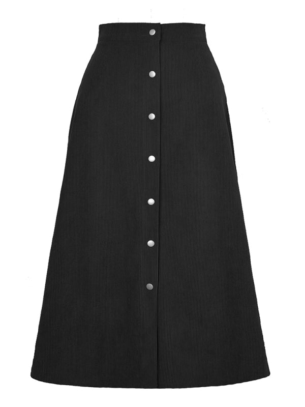 Corduroy Button Front A-Line Midi Skirt
