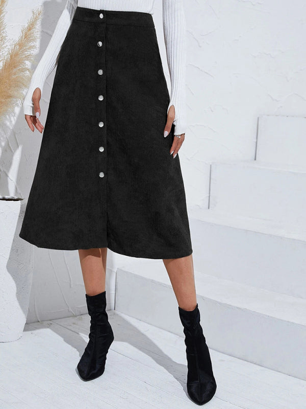 Corduroy Button Front A-Line Midi Skirt