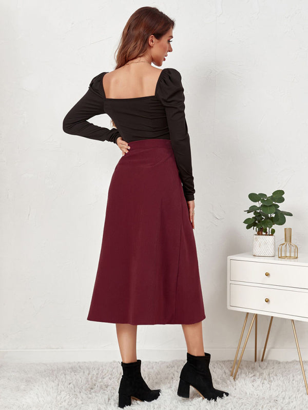 Corduroy Button Front A-Line Midi Skirt