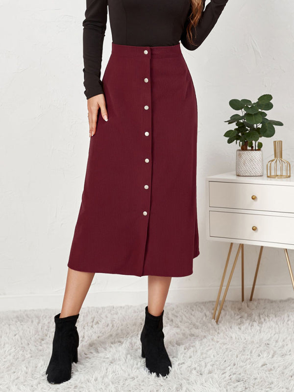 Corduroy Button Front A-Line Midi Skirt