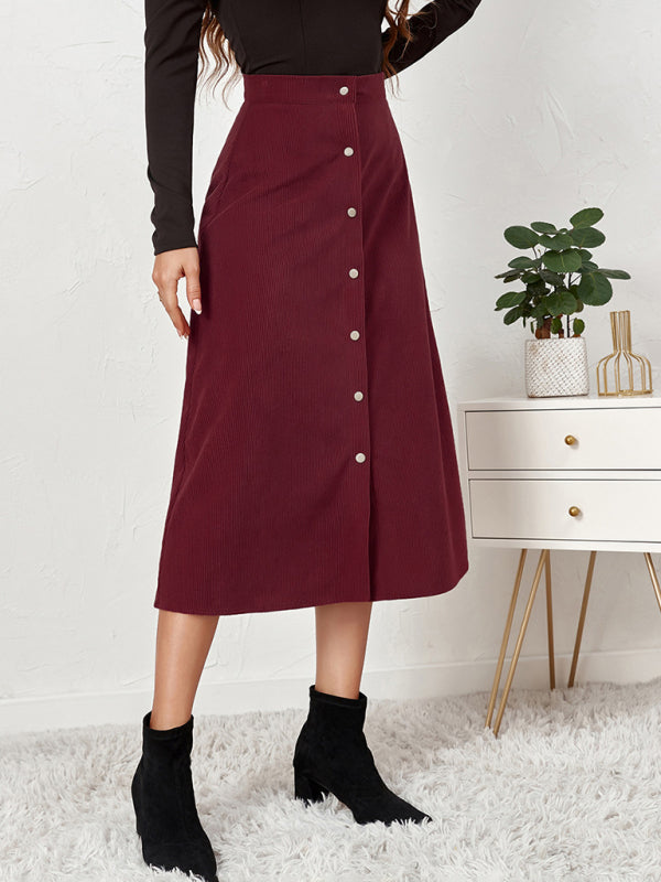 Corduroy Button Front A-Line Midi Skirt