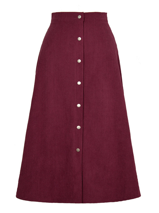 Corduroy Button Front A-Line Midi Skirt