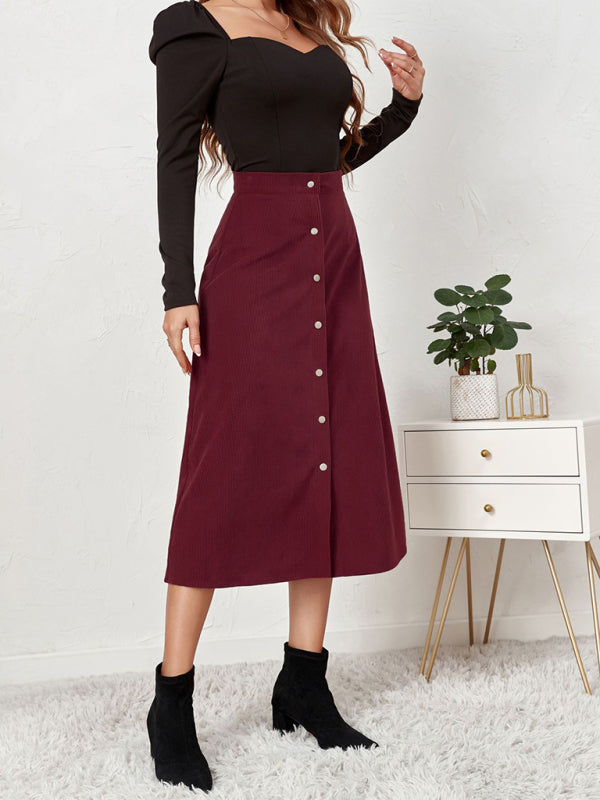 Corduroy Button Front A-Line Midi Skirt