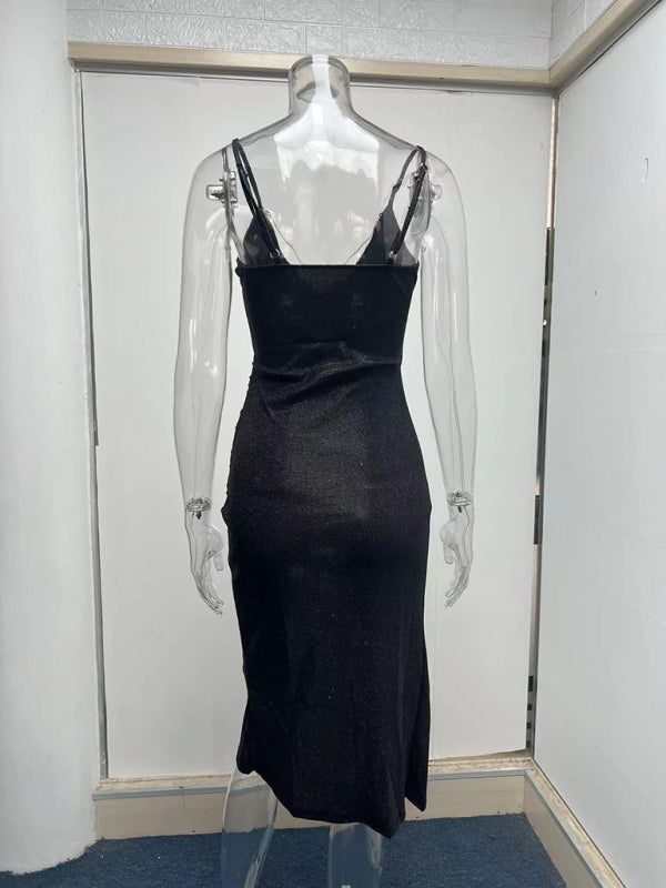 Glitter High Slit Deep V Sling Mini Dress