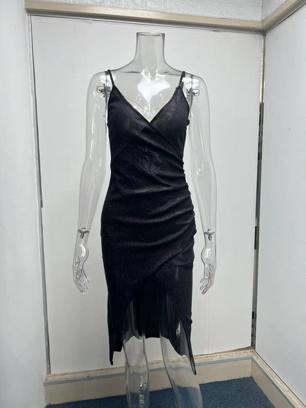 Glitter High Slit Deep V Sling Mini Dress