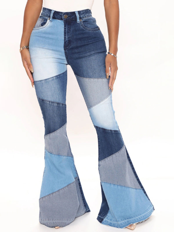 Colorblock High Waist Flared Denim Jeans