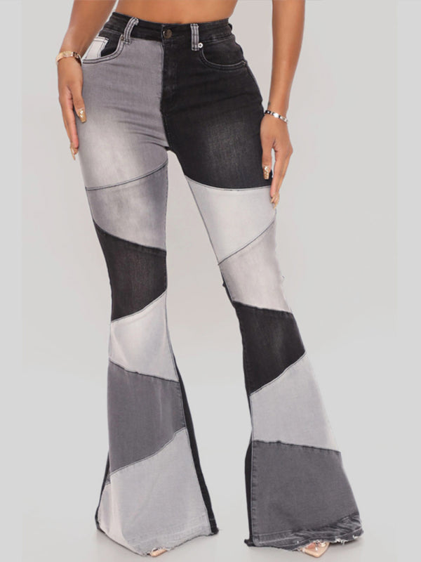 Colorblock High Waist Flared Denim Jeans