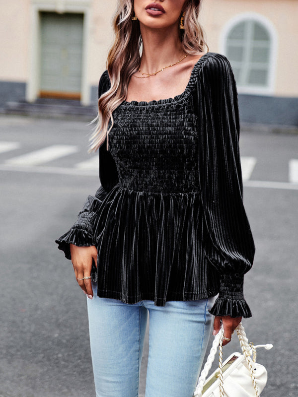 Velvet Ruffle Long Sleeved Top