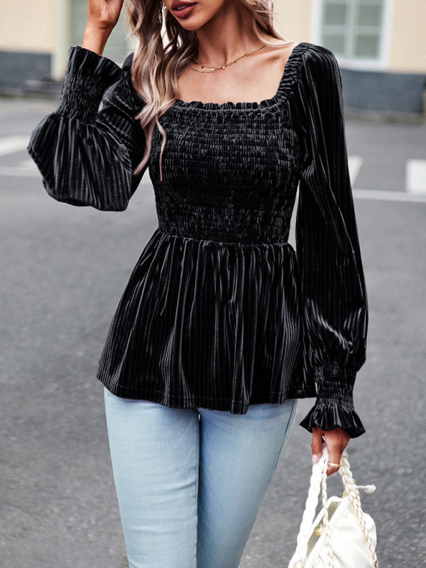 Velvet Ruffle Long Sleeved Top