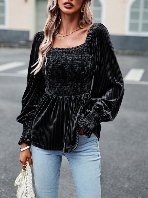 Velvet Ruffle Long Sleeved Top