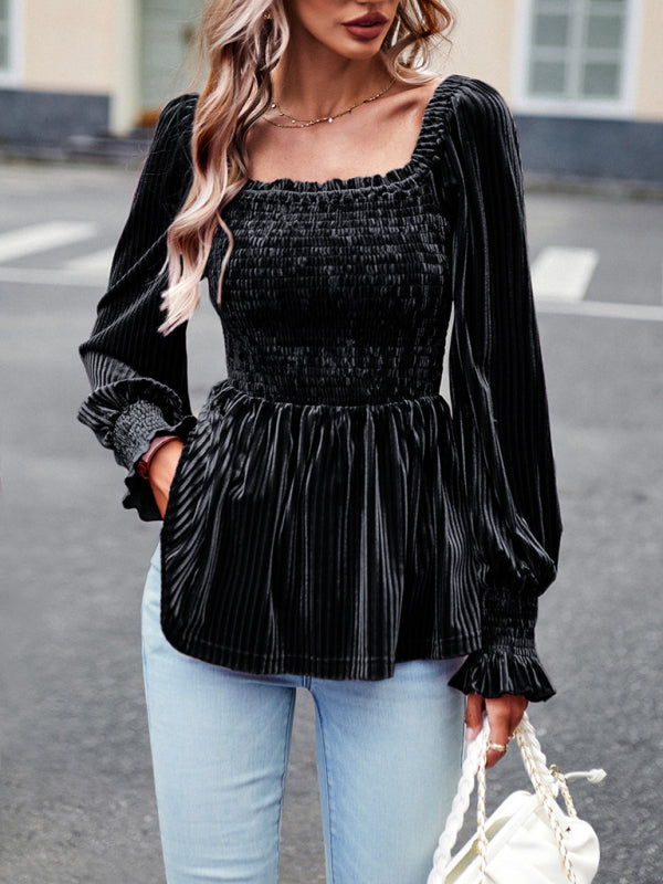 Velvet Ruffle Long Sleeved Top