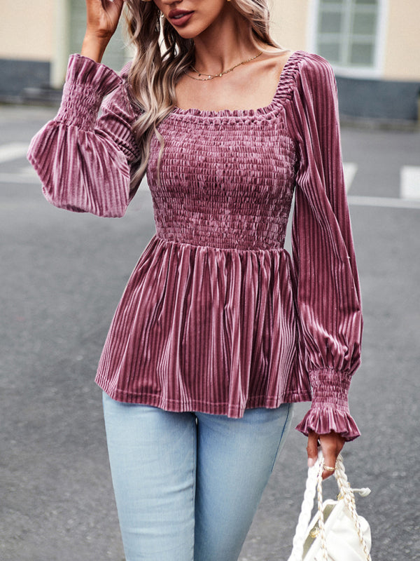Velvet Ruffle Long Sleeved Top