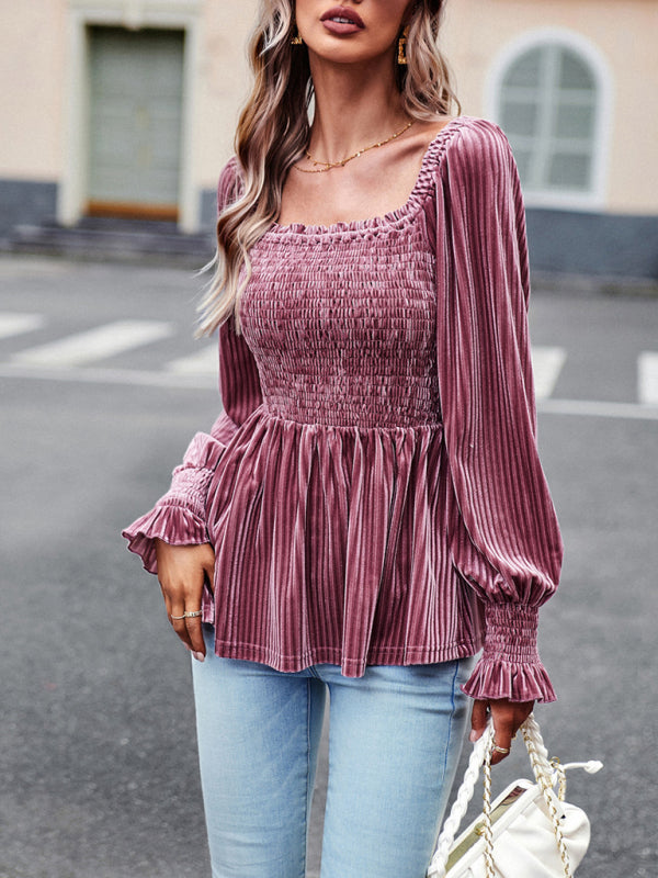 Velvet Ruffle Long Sleeved Top