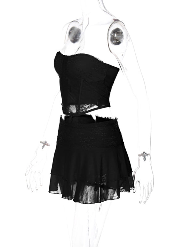 Collage Lace See-through Chest Wrap Skirt Suit
