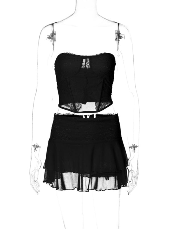 Collage Lace See-through Chest Wrap Skirt Suit