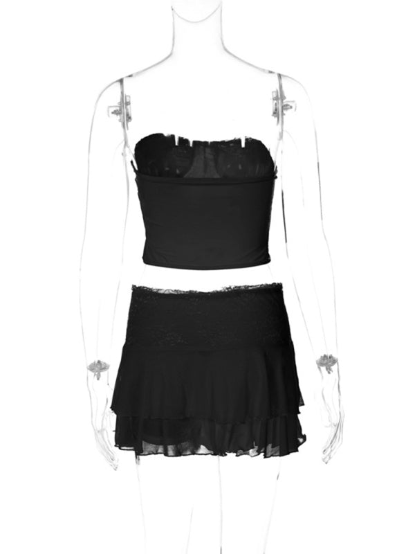 Collage Lace See-through Chest Wrap Skirt Suit