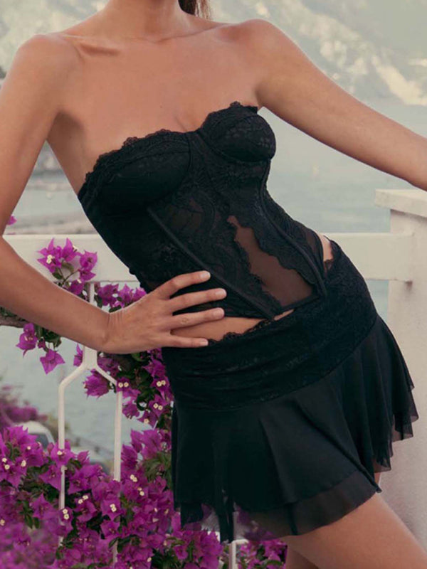 Collage Lace See-through Chest Wrap Skirt Suit