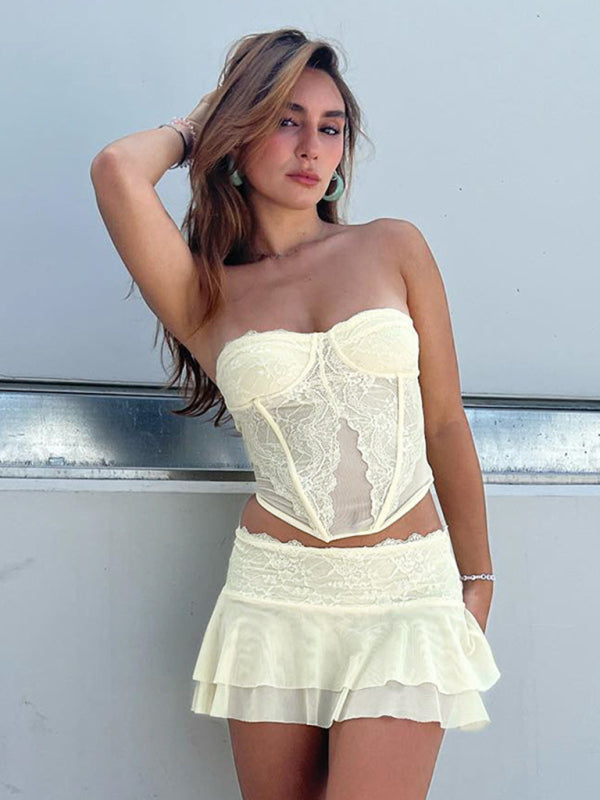 Collage Lace See-through Chest Wrap Skirt Suit