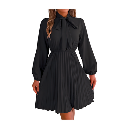 Long Sleeve Skirt Pleated Tie Waist Dress