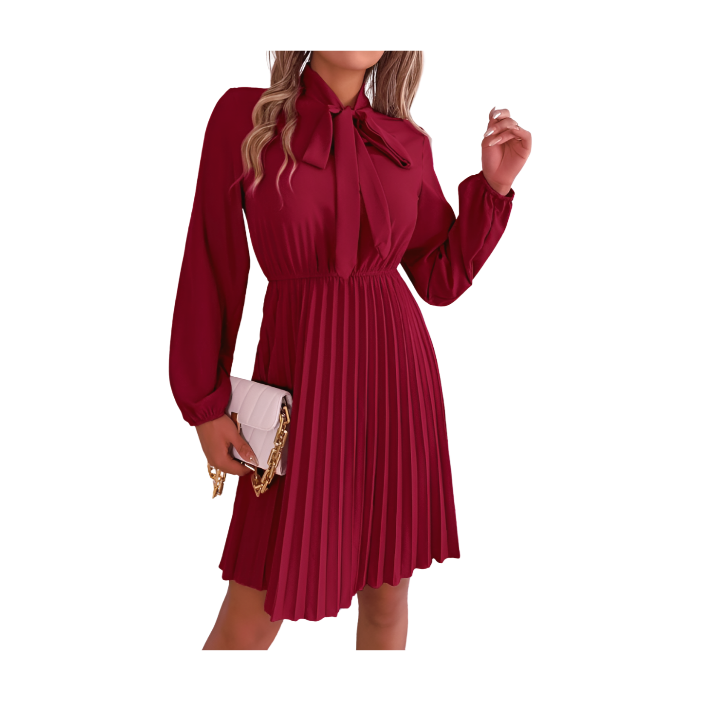 Long Sleeve Skirt Pleated Tie Waist Dress