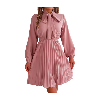 Long Sleeve Skirt Pleated Tie Waist Dress