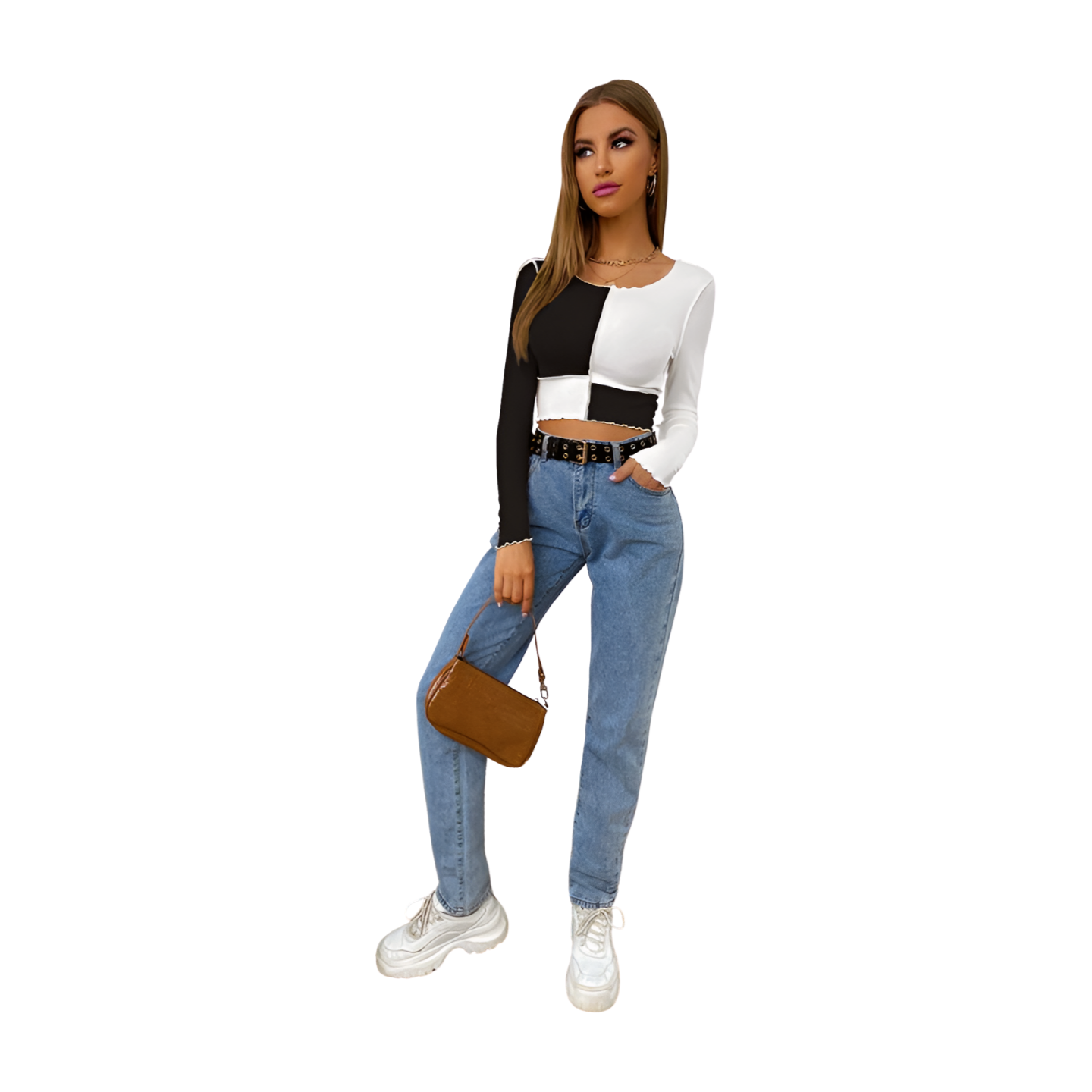 Harlequin Monochrome Reverse Stitch Long Sleeve Crop Top