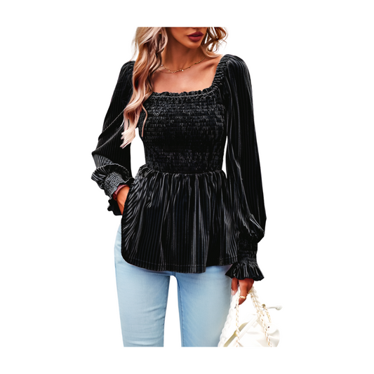 Velvet Ruffle Long Sleeved Top