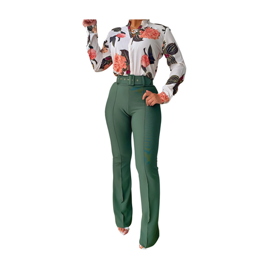 Floral Print Button-front Long-sleeve Shirt With Belted Pants Set