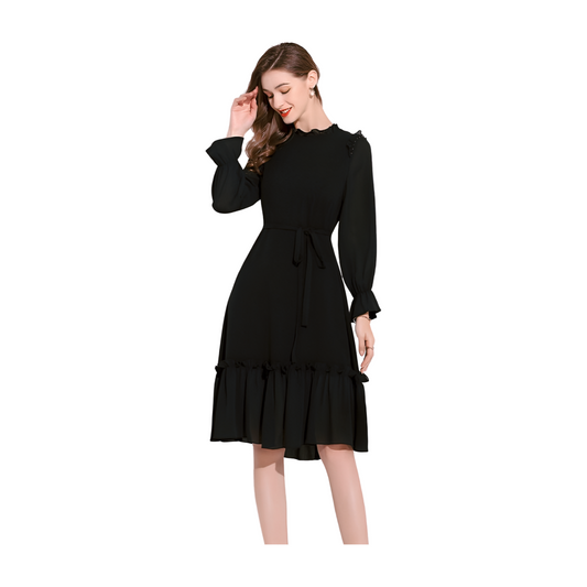 Vintage Classic Women’s Ruffle Neckline With Bell Style Sleeves Dress