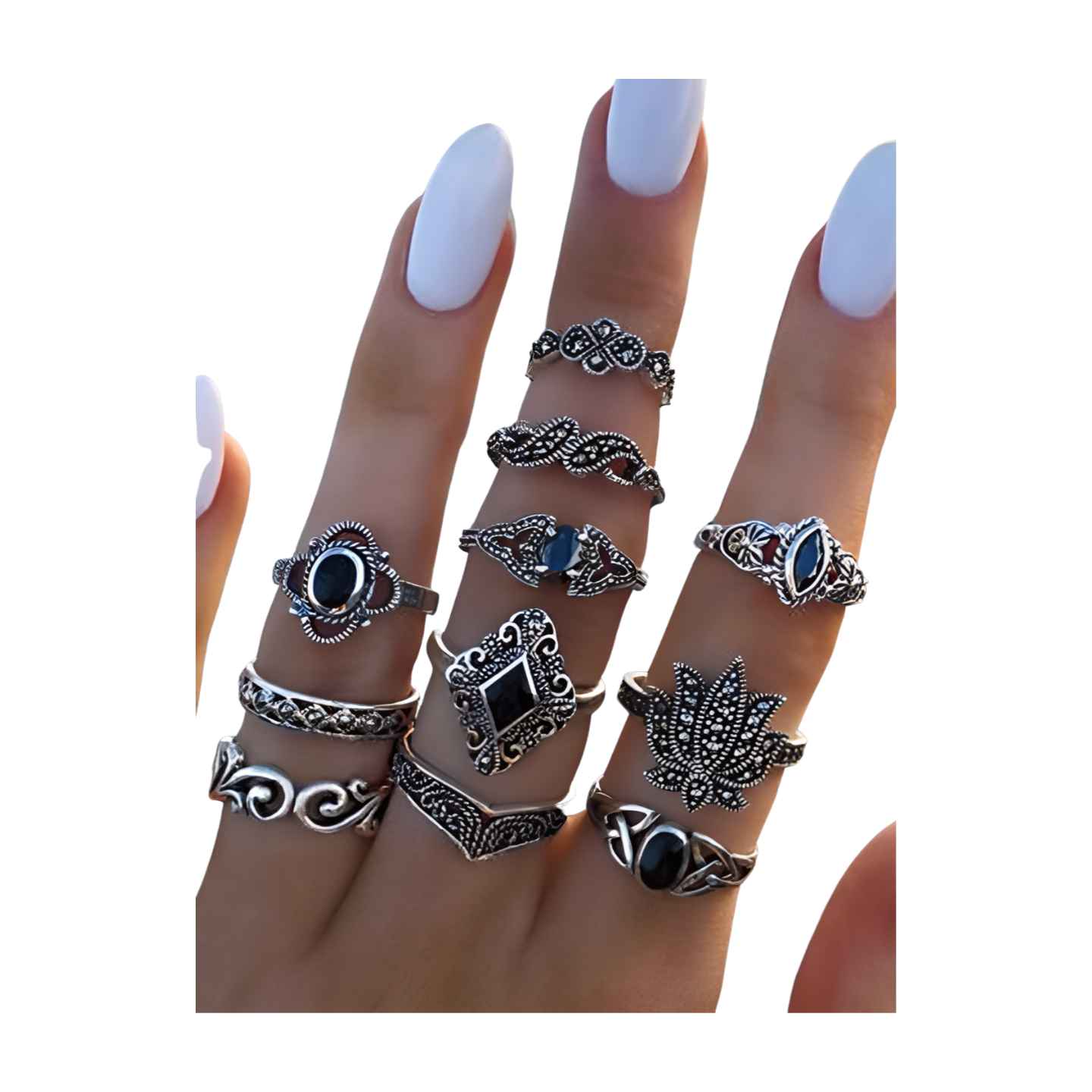 Geometric Lotus Flower Black Stone 15-piece Ring Set Jewelry