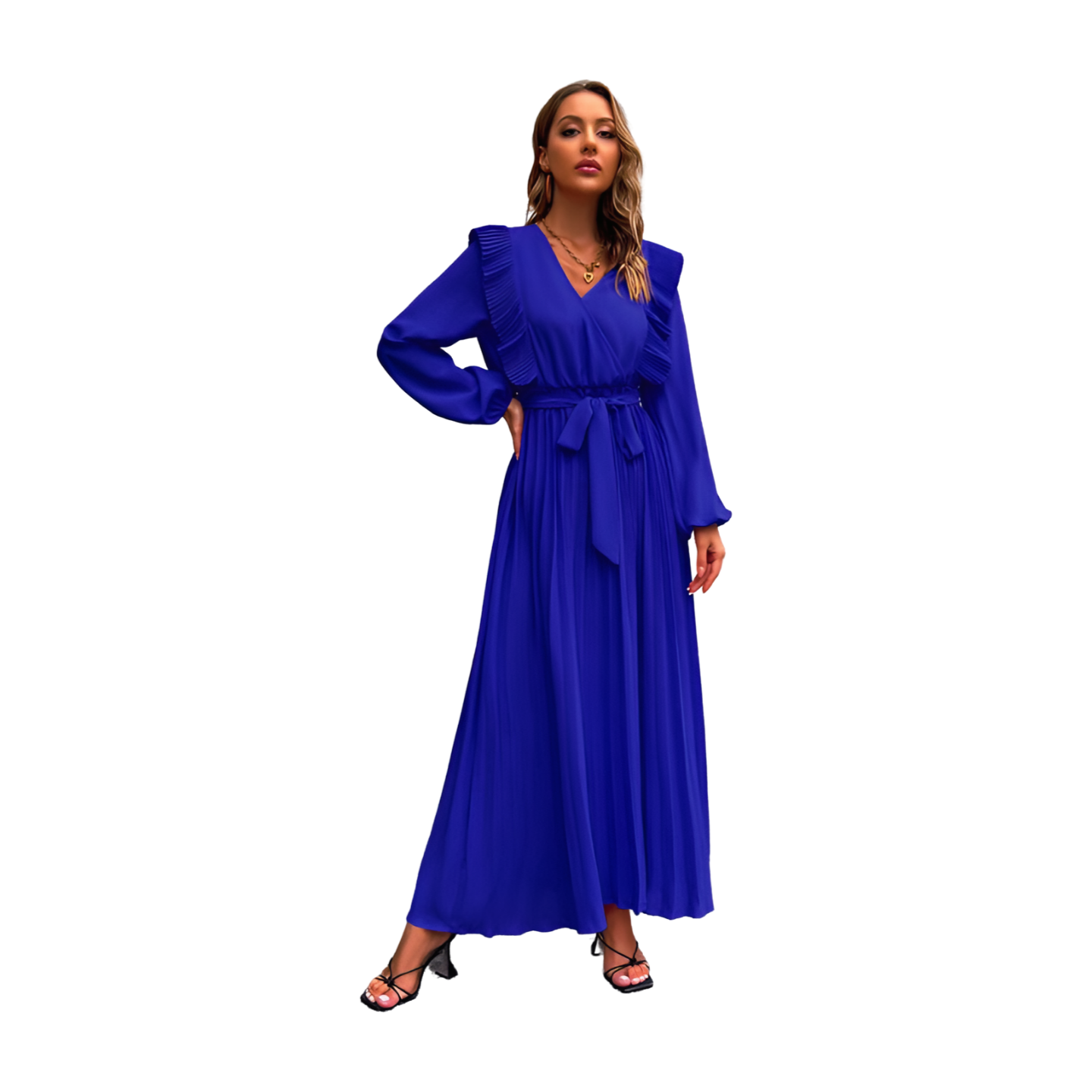 Vintage Pleated Long Sleeve Maxi Dress With Waist Tie