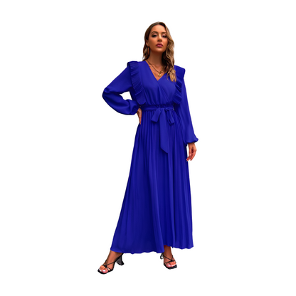 Vintage Pleated Long Sleeve Maxi Dress With Waist Tie