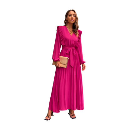 Vintage Pleated Long Sleeve Maxi Dress With Waist Tie