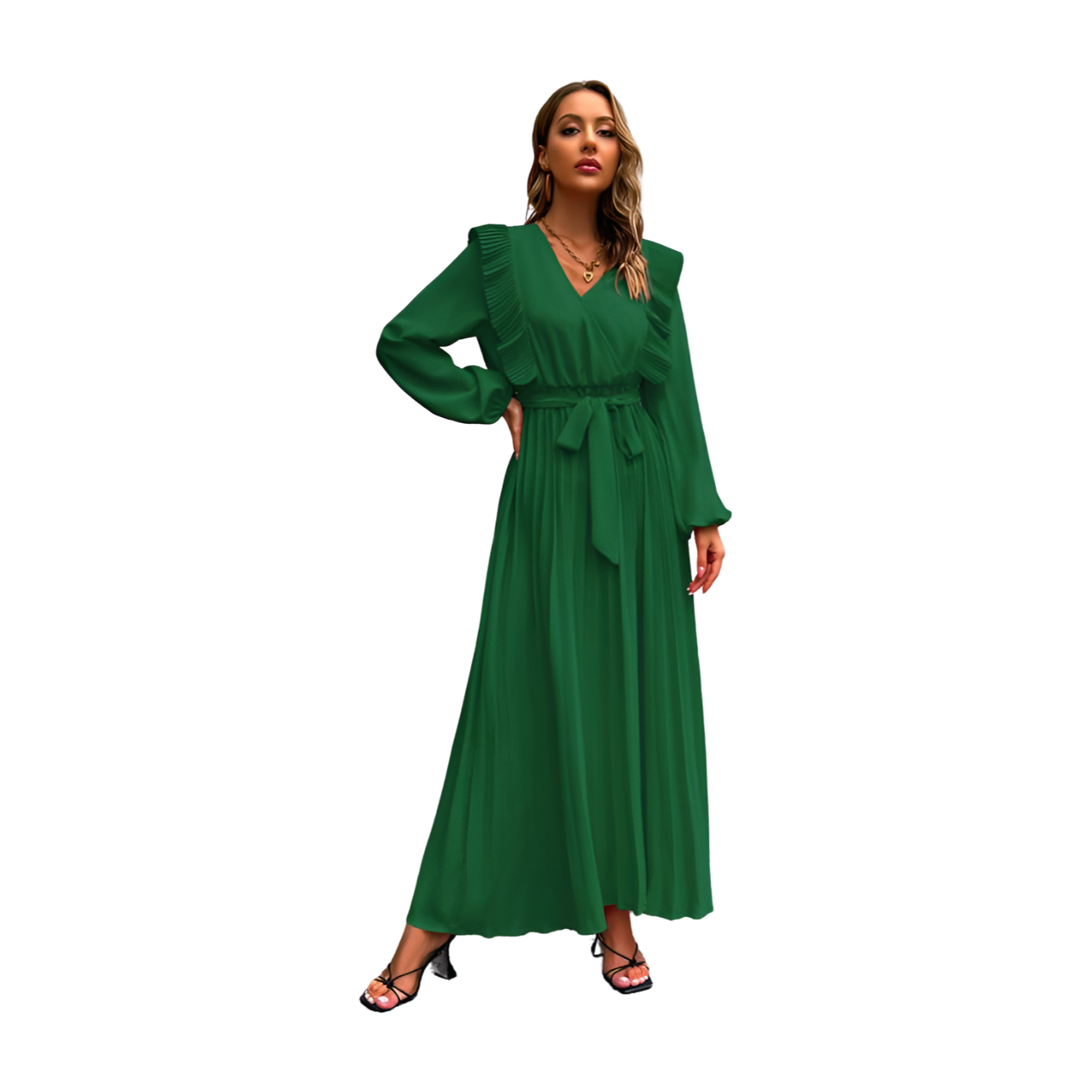 Vintage Pleated Long Sleeve Maxi Dress With Waist Tie