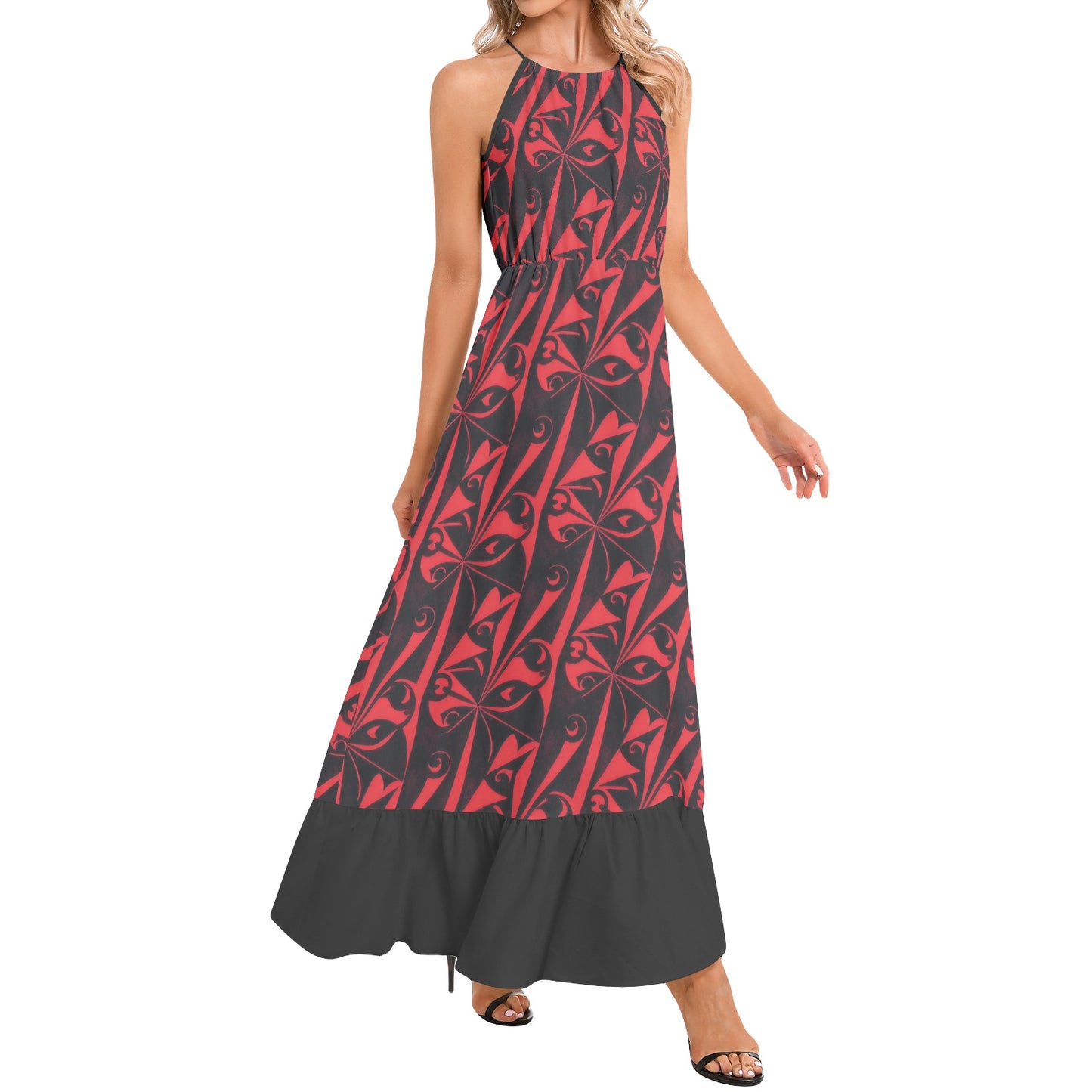 RED FRESCO Ruffle Hem Halter Neck Maxi Dress