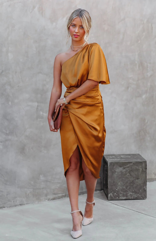 Eos Parthenon Asymetrical Satin Look Toga Dress