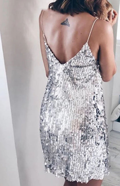 Casual Sequined V-Neck Slip Dress