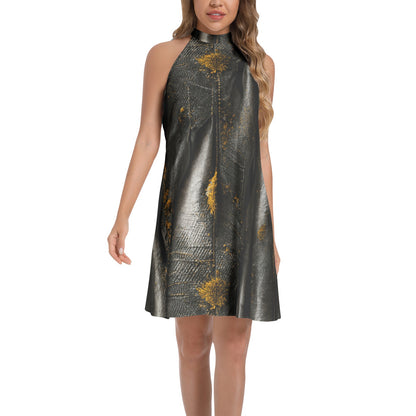 CRACKED LEATHER TEXTURES SPLAT Tie Back Halter Neck Flared Dress