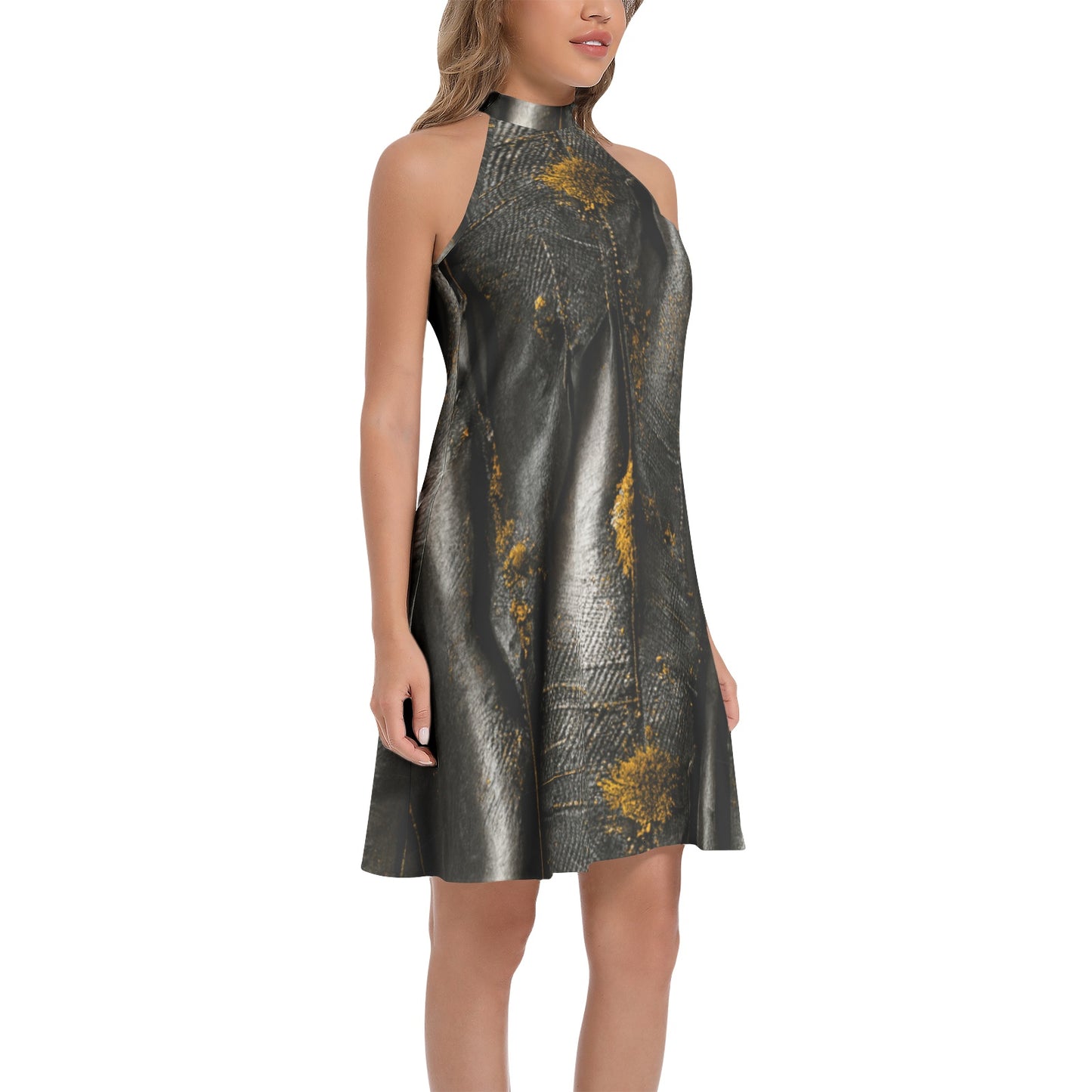 CRACKED LEATHER TEXTURES SPLAT Tie Back Halter Neck Flared Dress