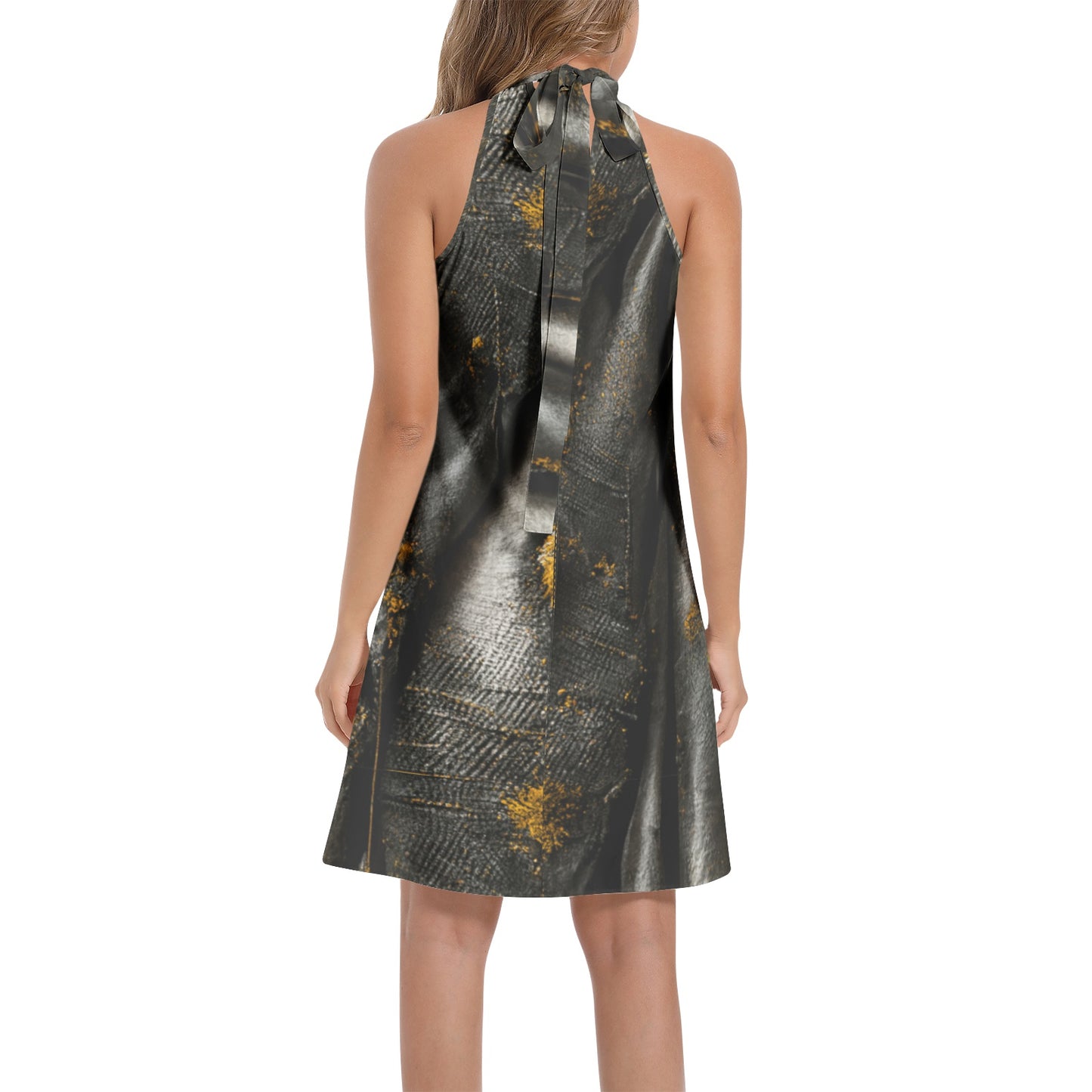 CRACKED LEATHER TEXTURES SPLAT Tie Back Halter Neck Flared Dress