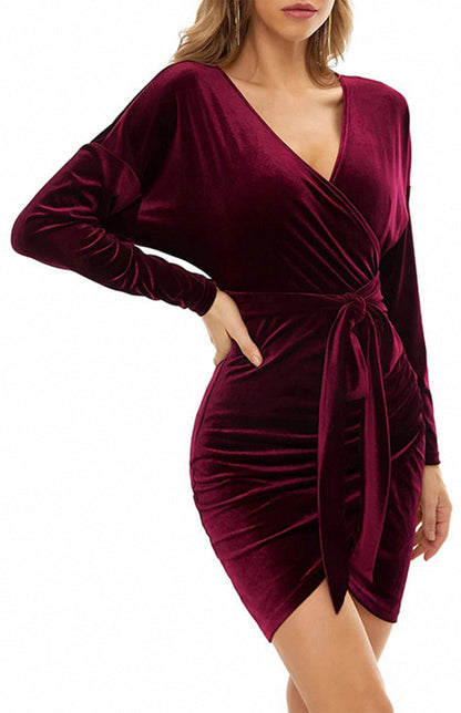 Velvet Long Sleeve Wrap Dress with Tie Up Waist