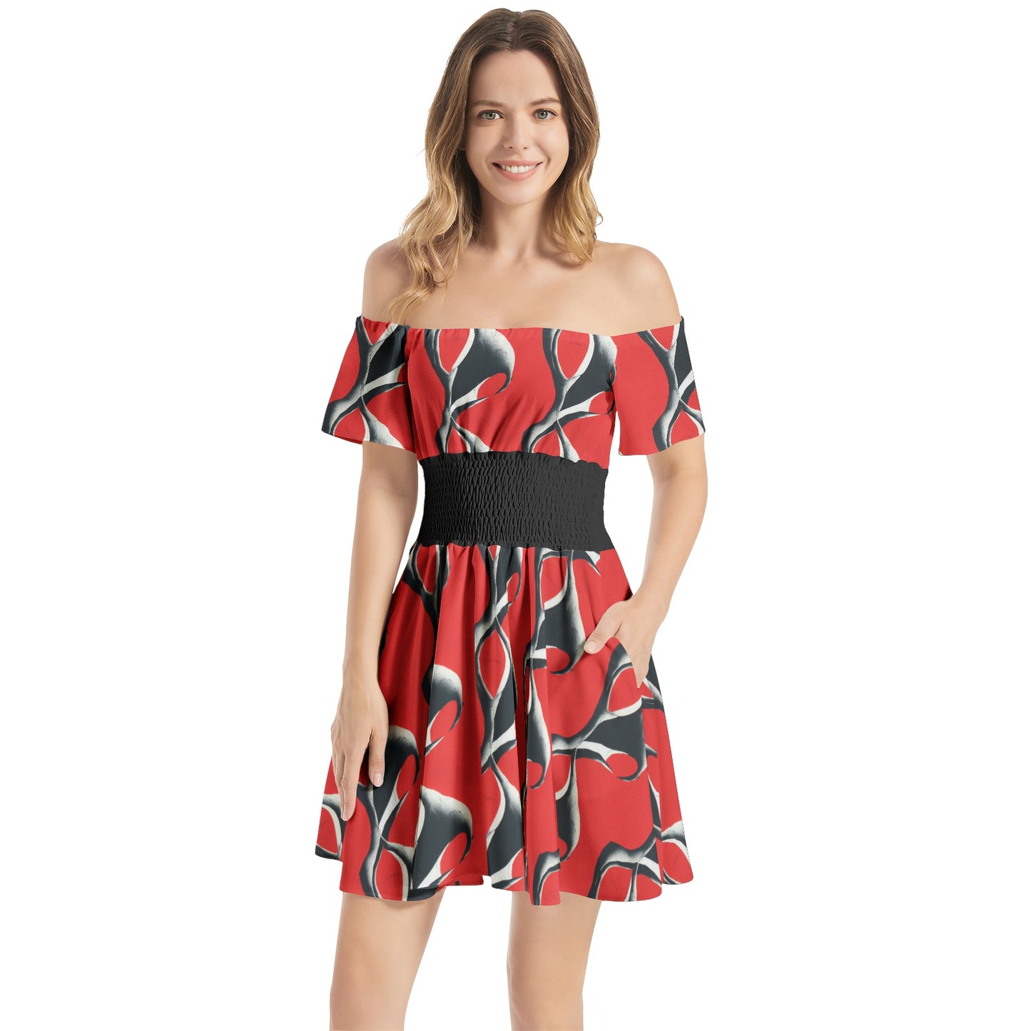 SCARLET FEVER Off Shoulder Shirred Waist Flared Mini Dress with Pockets