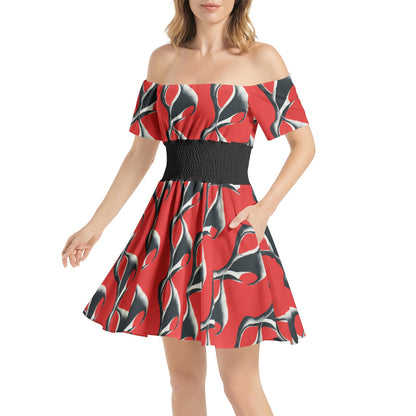 SCARLET FEVER Off Shoulder Shirred Waist Flared Mini Dress with Pockets