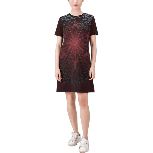 SOLAR PLEXUS Short-Sleeve Round Neck A-Line Dress