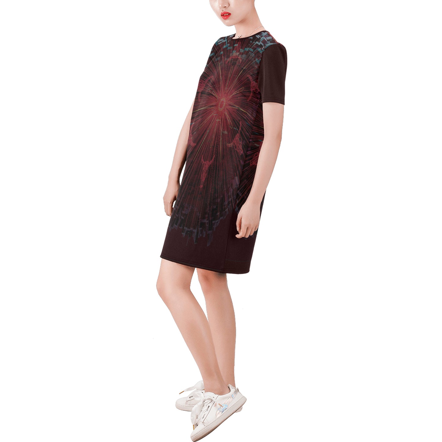 SOLAR PLEXUS Short-Sleeve Round Neck A-Line Dress